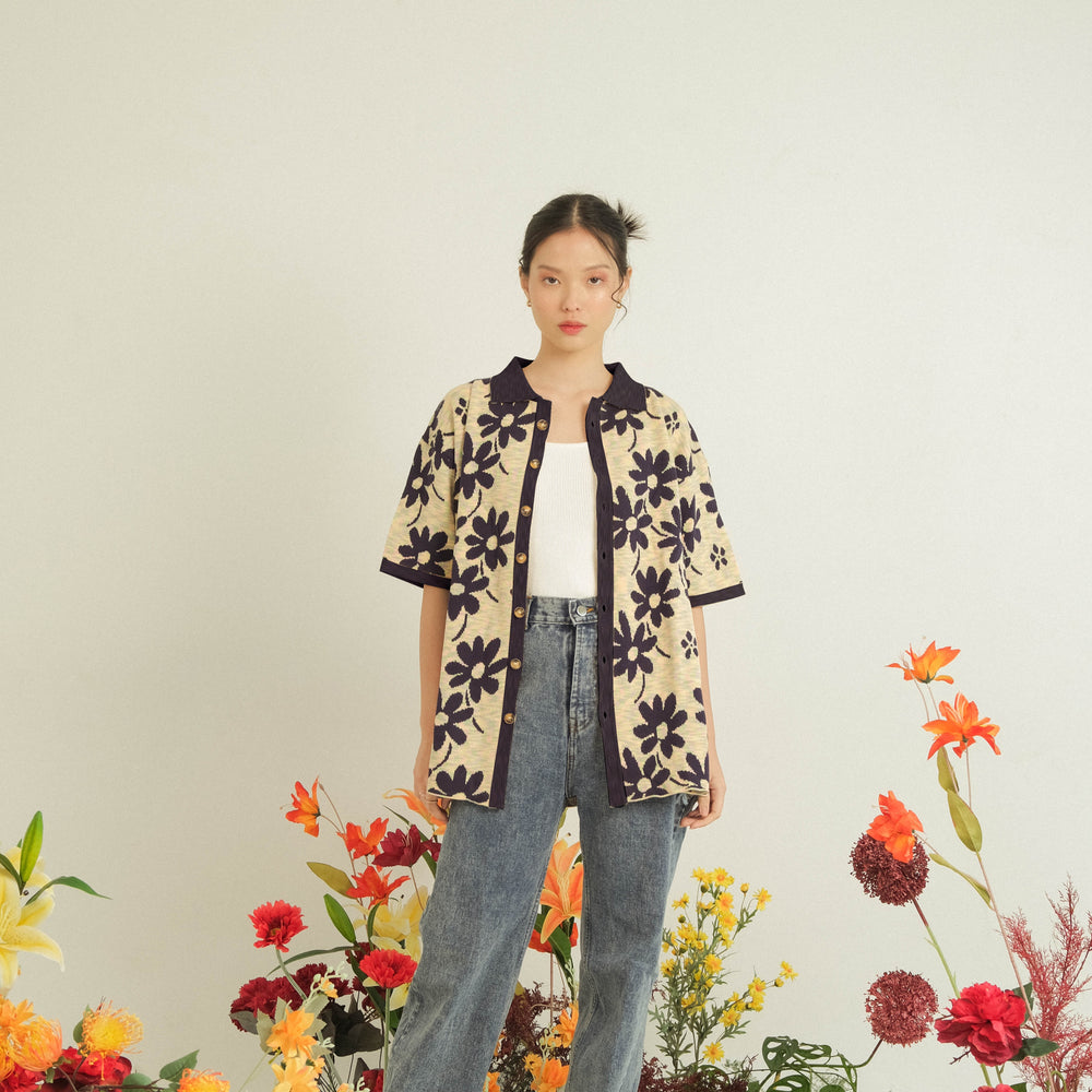 Noir Sur Blanc Flora Lounge Shirt Candy Yellow / Navy