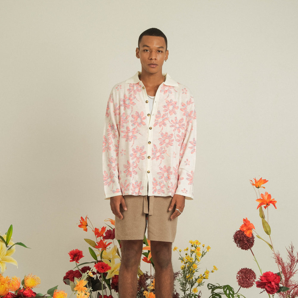Noir Sur Blanc Men Flora Lounge Shirt Long Sleeve Off-white / Candy Pink