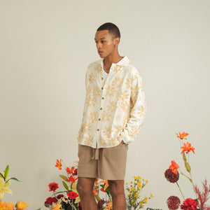 Noir Sur Blanc Men Flora Lounge Shirt Long Sleeve Off-white / Candy Yellow