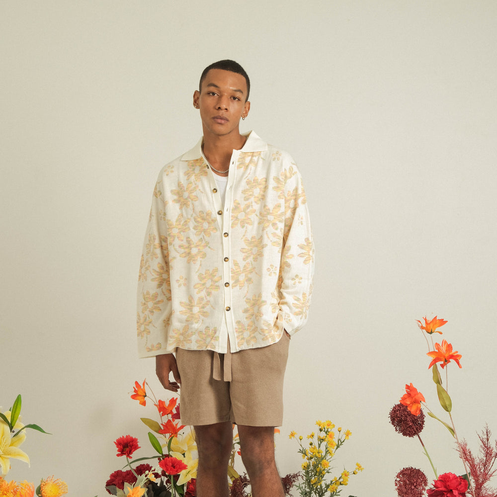 Noir Sur Blanc Men Flora Lounge Shirt Long Sleeve Off-white / Candy Yellow