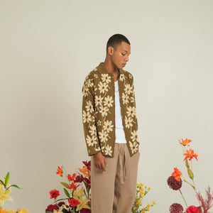 
            
                Load image into Gallery viewer, Noir Sur Blanc Men Flora Lounge Shirt Long Sleeve Choco / Candy Yellow
            
        