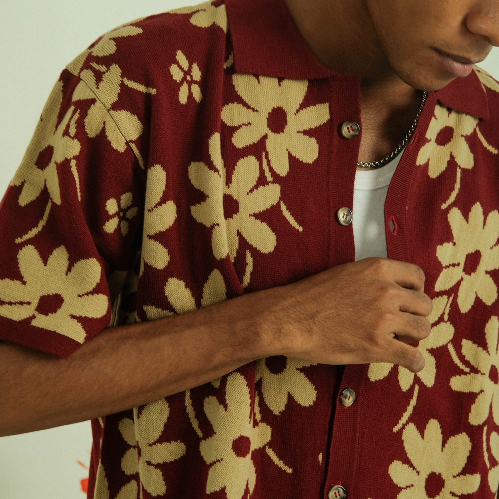 Noir Sur Blanc Flora Lounge Shirt Maroon / Sand