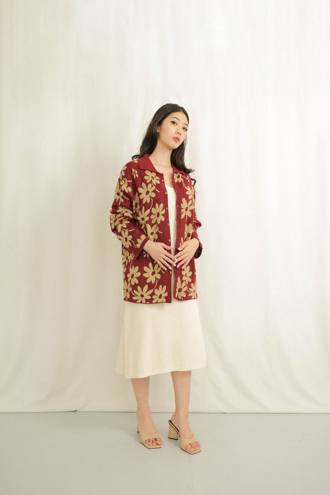 Noir Sur Blanc Flora Lounge Shirt Long Sleeve Maroon / Sand