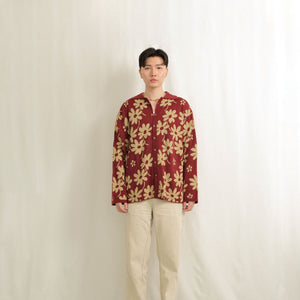 Noir Sur Blanc Men Flora Lounge Shirt Long Sleeve Maroon / Sand