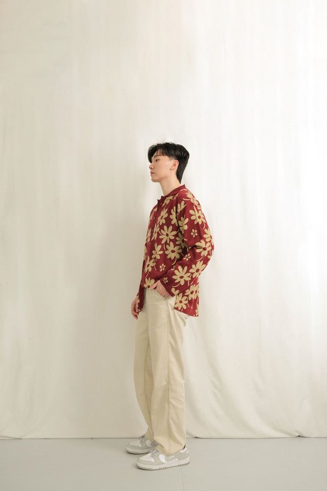Noir Sur Blanc Men Flora Lounge Shirt Long Sleeve Maroon / Sand
