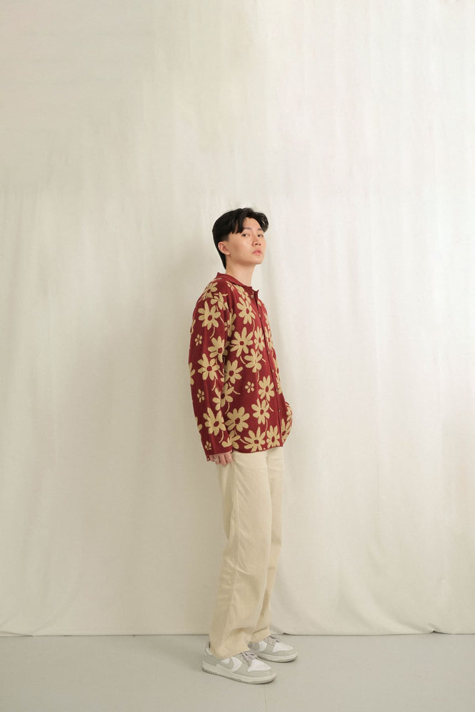 Noir Sur Blanc Men Flora Lounge Shirt Long Sleeve Maroon / Sand