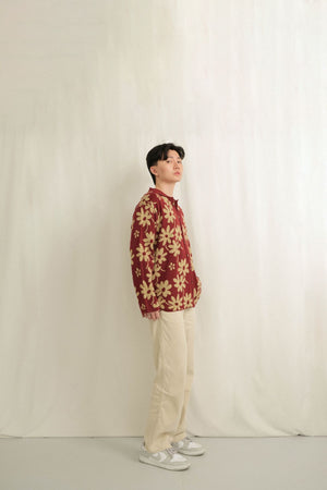 Noir Sur Blanc Men Flora Lounge Shirt Long Sleeve Maroon / Sand