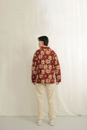 Noir Sur Blanc Men Flora Lounge Shirt Long Sleeve Maroon / Sand