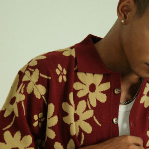 Noir Sur Blanc Men Flora Lounge Shirt Long Sleeve Maroon / Sand