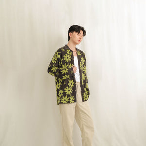 Noir Sur Blanc Men Flora Lounge Shirt Long Sleeve Misty Grey / Sage