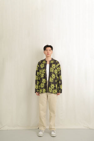 Noir Sur Blanc Men Flora Lounge Shirt Long Sleeve Misty Grey / Sage