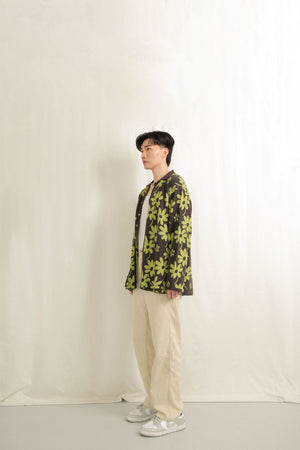 Noir Sur Blanc Men Flora Lounge Shirt Long Sleeve Misty Grey / Sage
