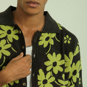 Noir Sur Blanc Men Flora Lounge Shirt Long Sleeve Misty Grey / Sage
