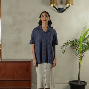 
            
                Load image into Gallery viewer, Noir Sur Blanc Pointelle Shirt Slate Blue
            
        
