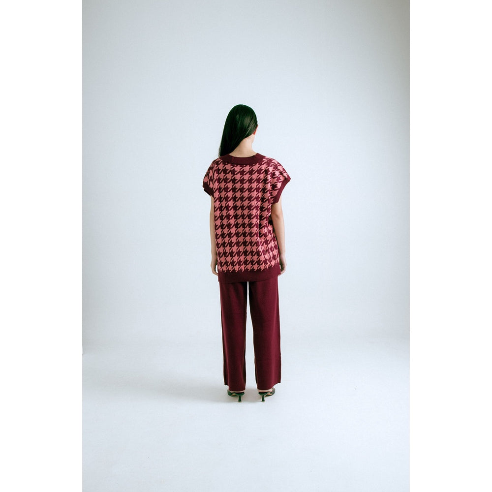 2 Pieces Set Houndstooth Vest Maroon and Culotte
