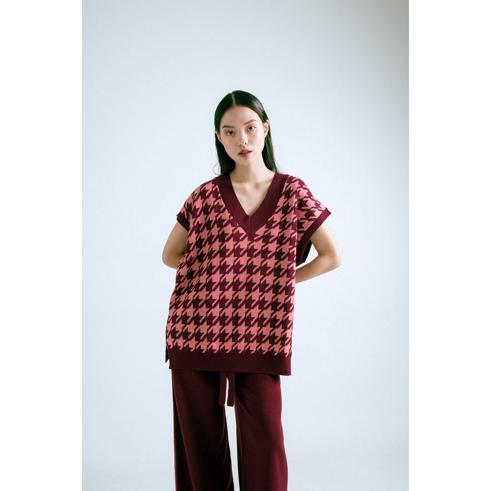 2 Pieces Set Houndstooth Vest Maroon and Culotte