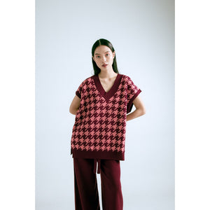 2 Pieces Set Houndstooth Vest Maroon and Culotte