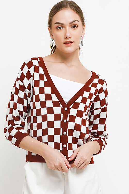 Checkered Cardigan Maroon
