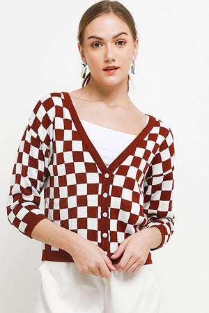 Checkered Cardigan Maroon