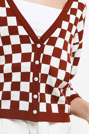 Checkered Cardigan Maroon