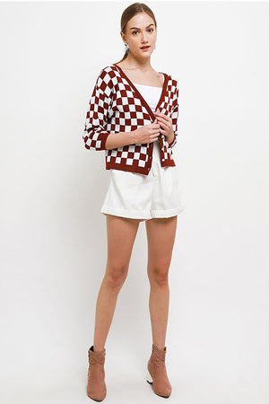 Checkered Cardigan Maroon